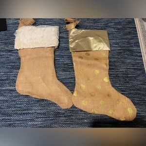 His and hers burlap stockings.  Lace and gold polka dot.